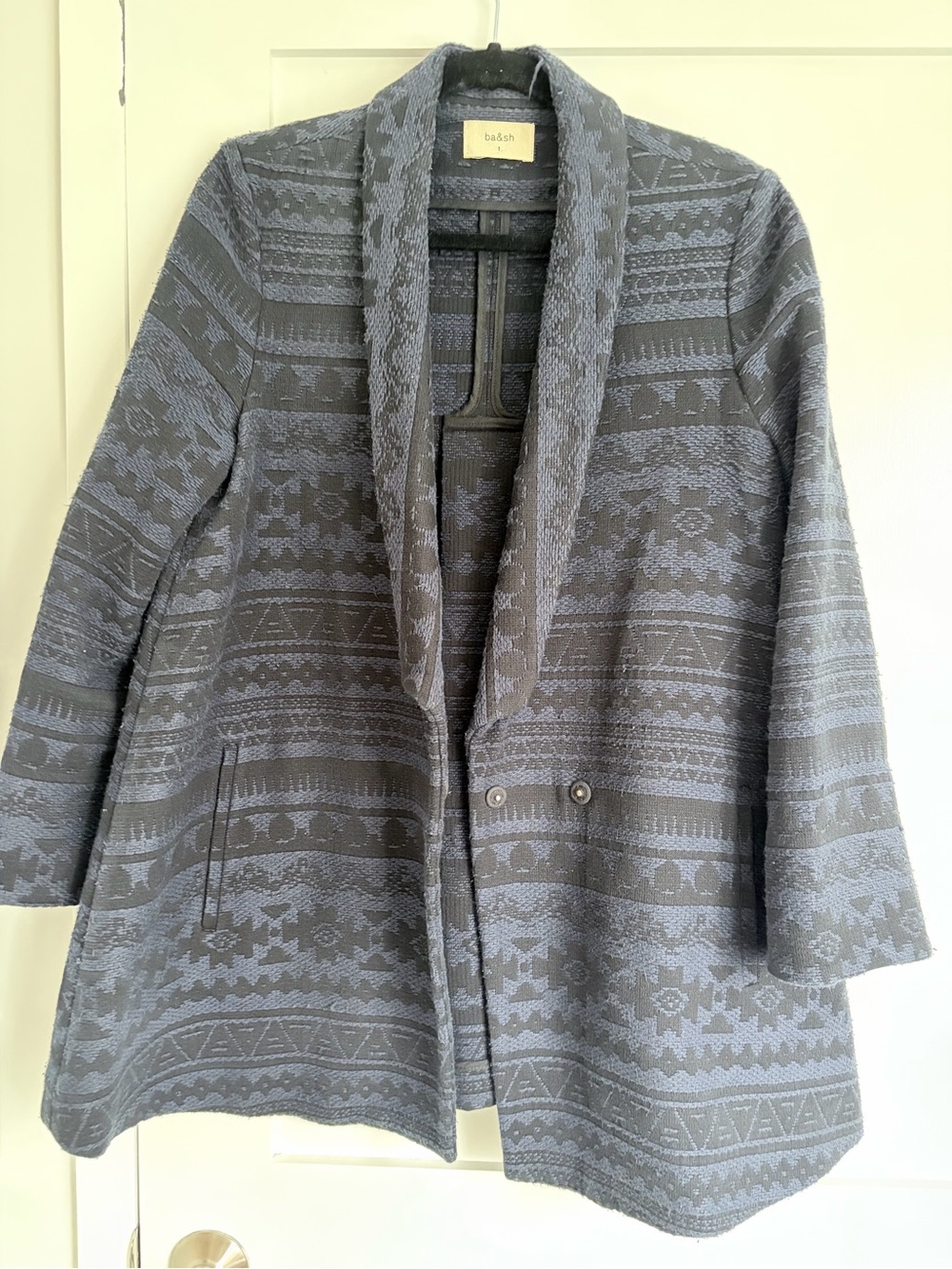 ba&sh Gray-Blue Patterned Shawl-Collar Cape Coat